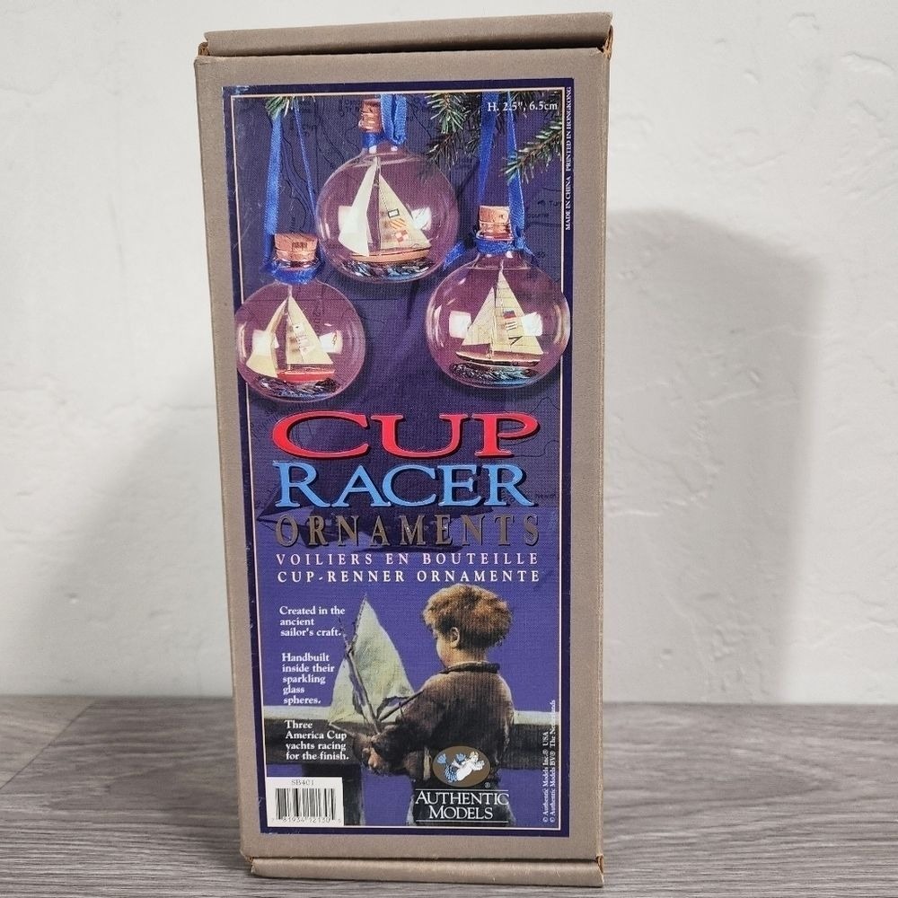 Vintage Authentic Models Blue Cup Racer 3 Ornaments Ship in a Bottle Old World